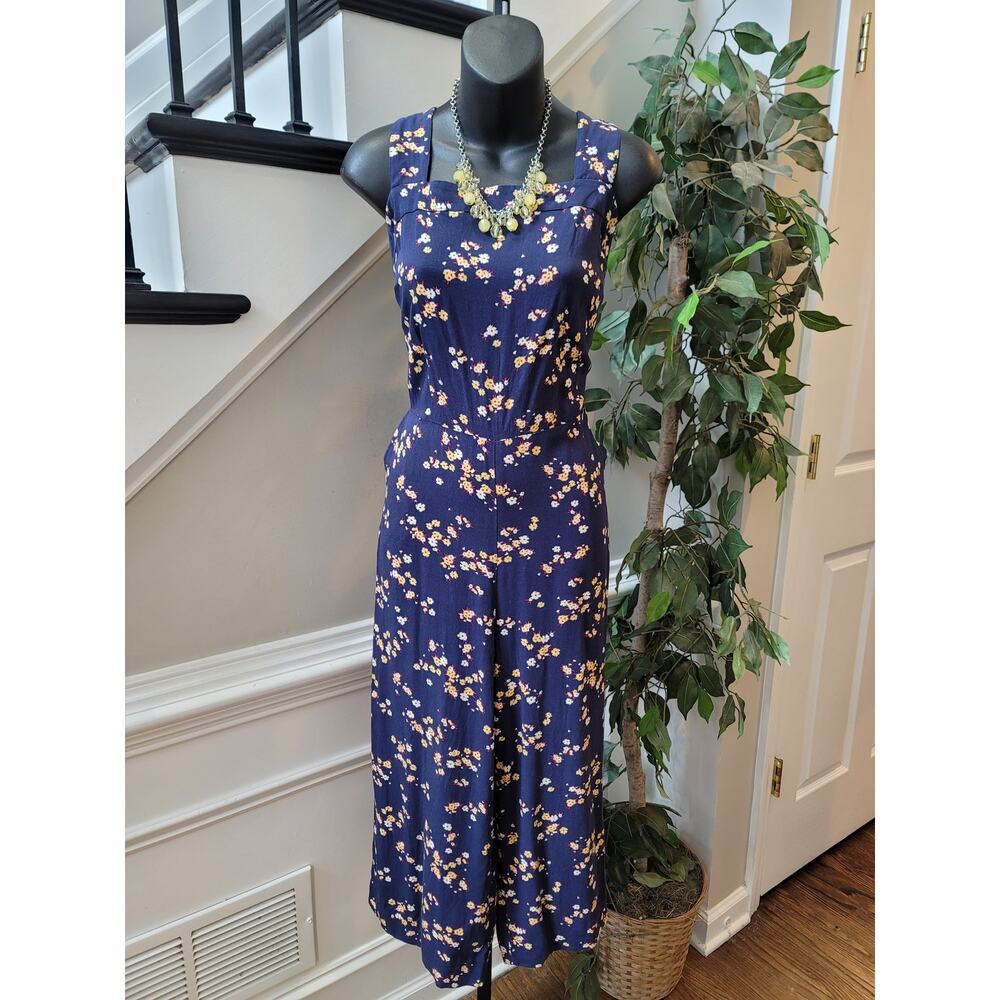 PopSugar Floral Jumpsuit Women's Size Large Navy Square Neck Sleeveless